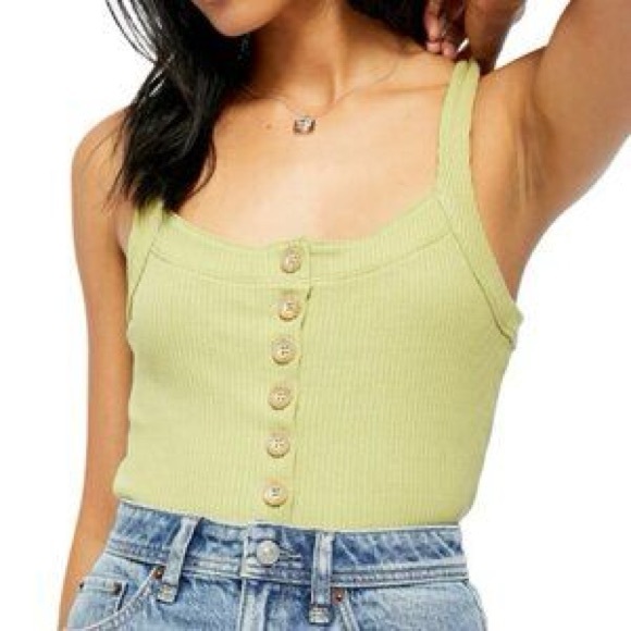 FREE PEOPLE Bridgette Ribbed Button Tank Green Cropped Cotton Summer Top M - Picture 10 of 10